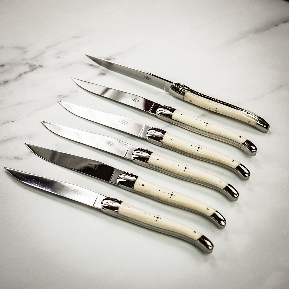 Lot of 6 Hand Forged Unsigned Steak Knives in Silver deals Tone. 8.5